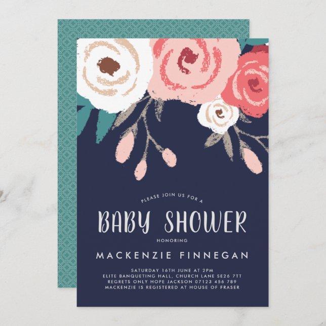 Navy & Coral Floral Baby Shower Invite (Front/Back)
