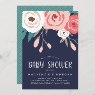 Navy & Coral Floral Baby Shower Invite