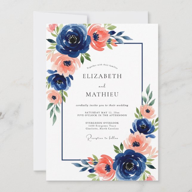 Navy Coral Floral Bloom Wedding Invitation (Front)