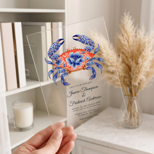 Navy & Coral Floral Crab Coastal Nautical Wedding Acrylic Invitations