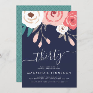 Navy & Coral Floral Thirtieth Birthday Party Invitation