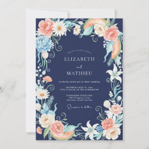 Navy Coral Floral Watercolor Wedding Invitation