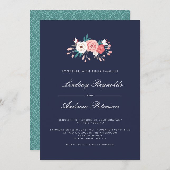 Navy & Coral Floral Wedding Invitation (Front/Back)