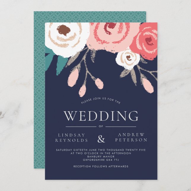 Navy & Coral Floral Wedding Invitation (Front/Back)