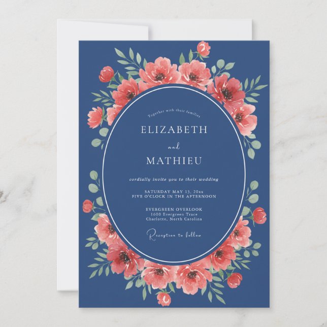 Navy Coral Floral Whimsical Wedding Invitation (Front)