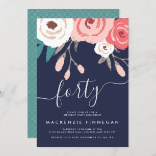 Navy & Coral Fortieth Birthday Party Invitation