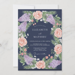 Navy Coral Lilac Eucalyptus Wedding Invitation