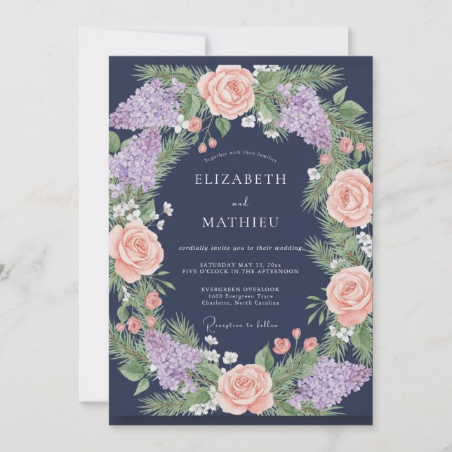 Navy Coral Lilac Eucalyptus Wedding Invitation (Front)