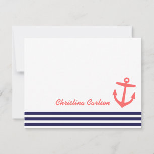 Navy & Coral Nautical Stripes & Anchor Stationery Card