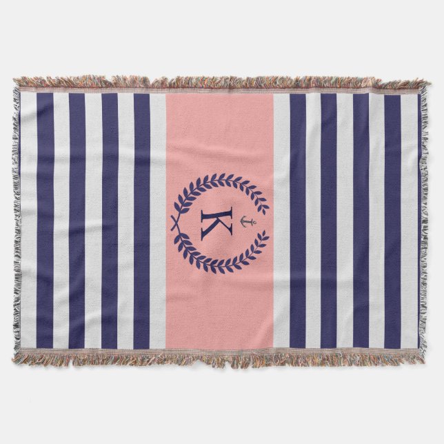 Navy Coral Nautical Stripes Personalised Monogram Throw Blanket (Front)