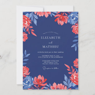 Navy Coral Painted Wedding Invitation