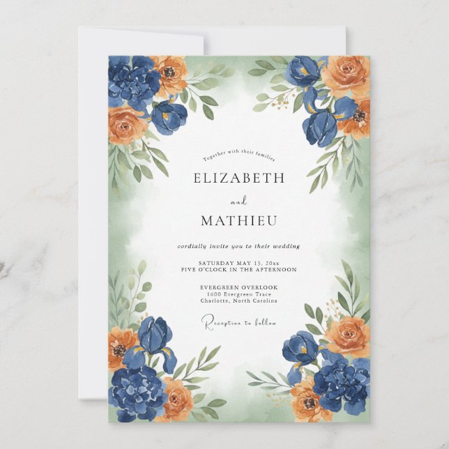 Navy Coral Painterly Bloom Wedding Invitation (Front)