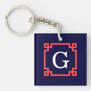 Navy, Coral Red Greek Key Frame #2 Init Monogram Ring