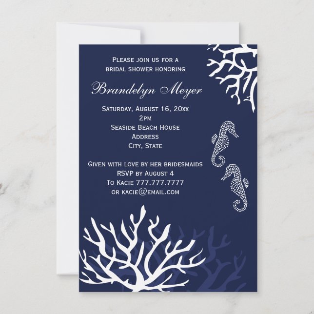 Navy Coral Reef Seahorse Bridal Shower Invitations (Front)
