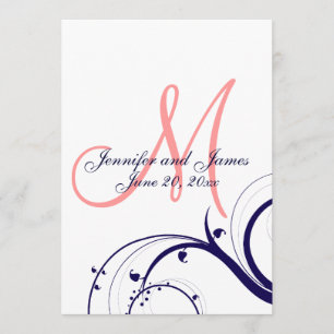 Navy Coral Swirl Monogram Wedding Invitation