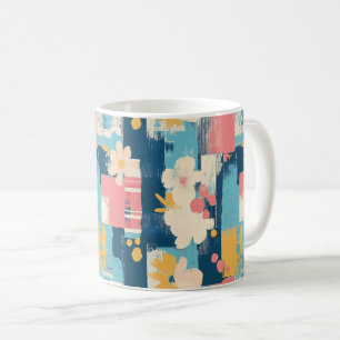 Navy Coral Turquoise Colour Block Floral Coffee Mug