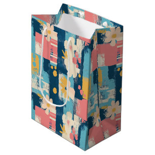 Navy Coral Turquoise Colour Block Floral Medium Gift Bag