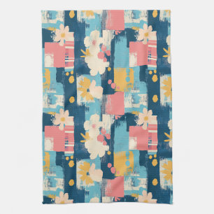 Navy Coral Turquoise Colour Block Floral Tea Towel
