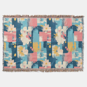 Navy Coral Turquoise Colour Block Floral Throw Blanket