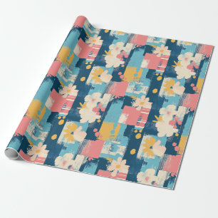 Navy Coral Turquoise Colour Block Floral Wrapping Paper