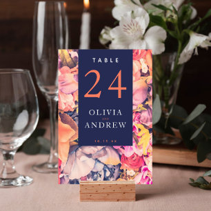 Navy Coral Watercolor Moody Floral Wedding Table Number