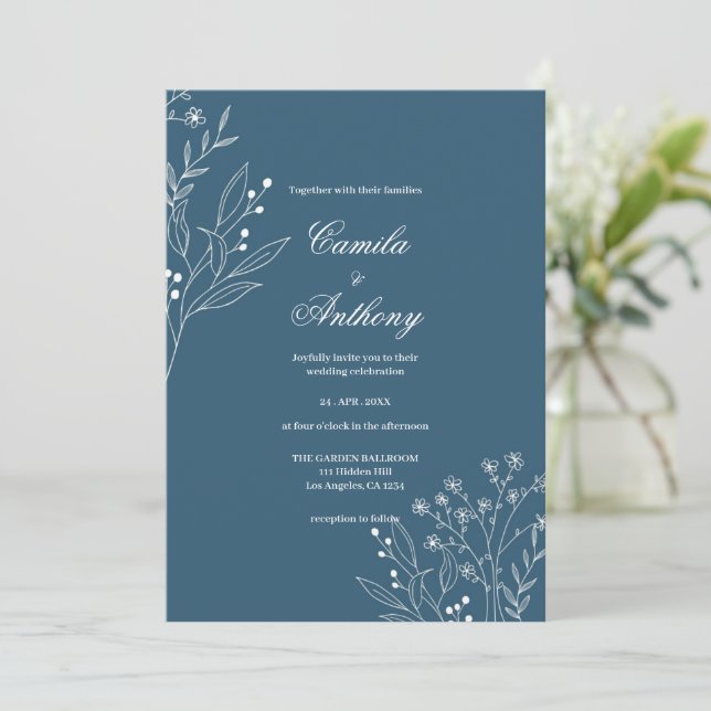 Navy Corner Floral Boho Wedding Invitation (Standing Front)