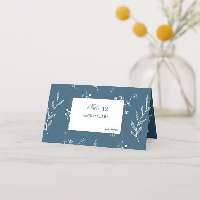 Navy Corner Floral Boho Wedding Place Card (Front)