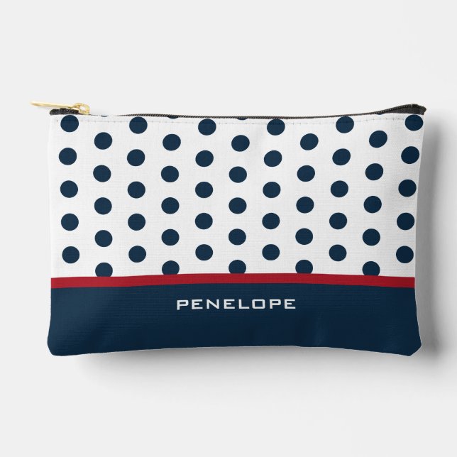 Navy Cosmetics Bag with Polka Dots, Stripes, Name (Front)