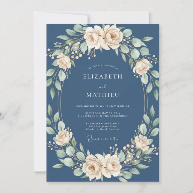 Navy Cream Blossom Garland Wedding Invitation (Front)