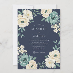 Navy Cream Botanical Romance Wedding Invitation