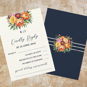 Navy Cream Burgundy Peony Roses Floral Wedding  RSVP Card