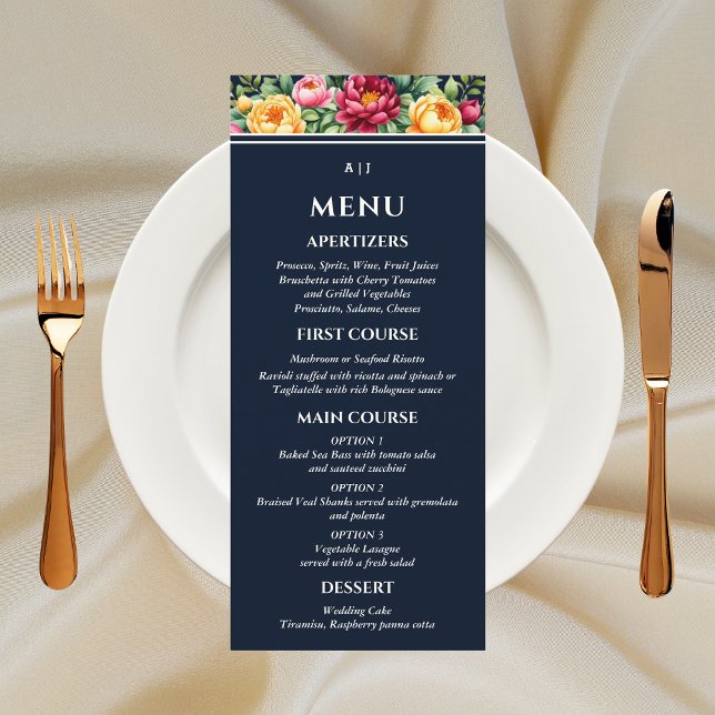 Navy Cream Burgundy Summer Floral Wedding Menu (Creator Uploaded)