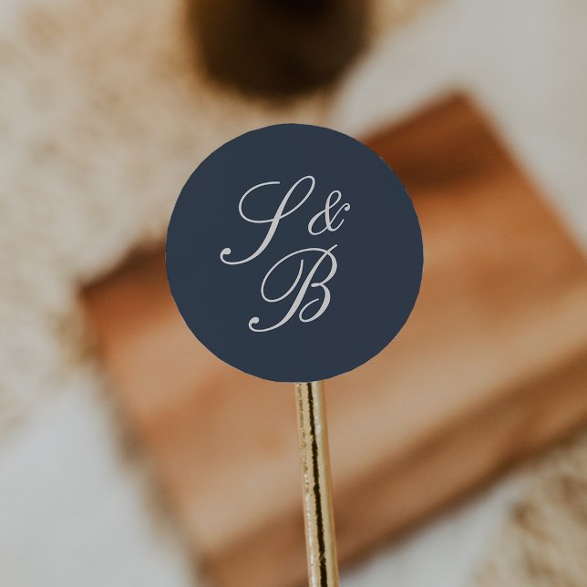 Navy & Cream Classic Script Monogram Wedding Round Sticker (Creator Uploaded)
