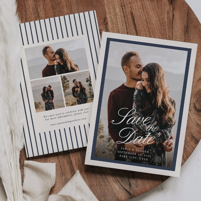 Navy & Cream Classic Script Photo Wedding Save The Date (Creator Uploaded)