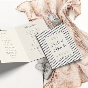 Navy & Cream Classic Script Pinstripe Wedding Programme