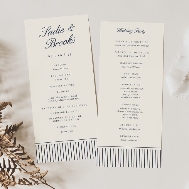 Navy & Cream Classic Script Pinstripe Wedding Programme (Creator Uploaded)