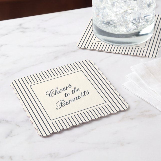 Navy & Cream Classic Script Wedding Paper Coaster (Creator Uploaded)