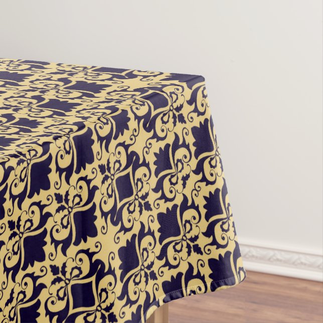 Navy Cream Damask Bows Tablecloth (In Situ)