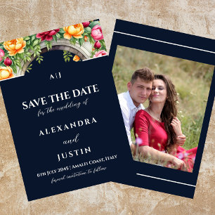 Navy Cream Floral Arch Save the Date Photo Invitation
