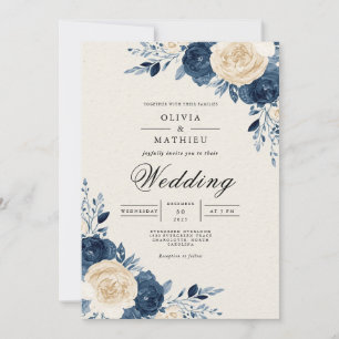 Navy Cream Floral Arch Wedding Invitation
