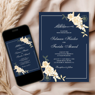 Navy Cream Floral Leaves Branch Muslim Wedding Invitation
