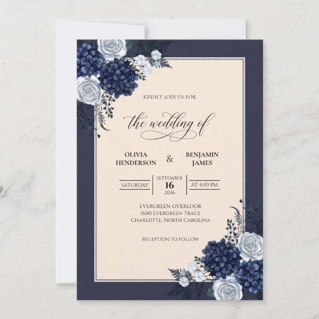 Navy Cream Hydrangea Eucalyptus Wedding Invitation (Front)