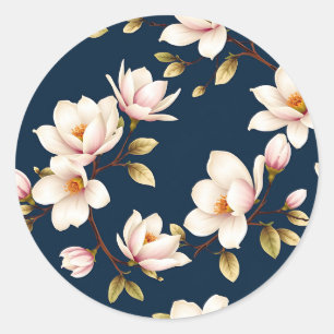 Navy Cream Magnolia Blossom Pattern Classic Round Sticker