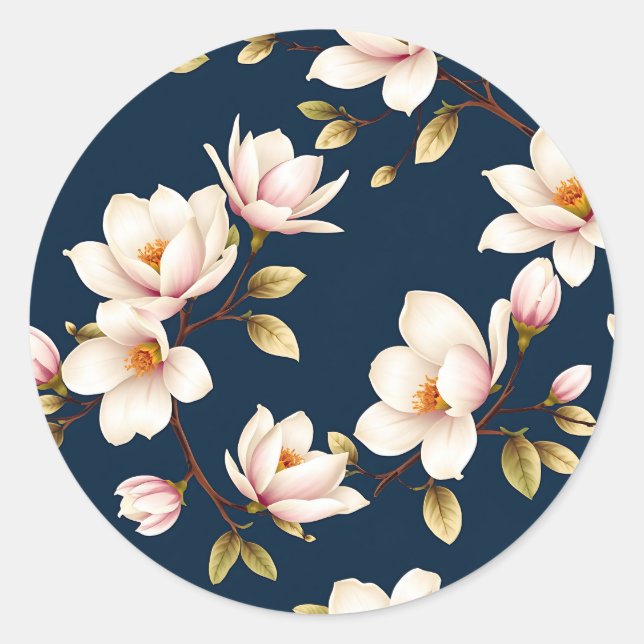 Navy Cream Magnolia Blossom Pattern Classic Round Sticker (Front)