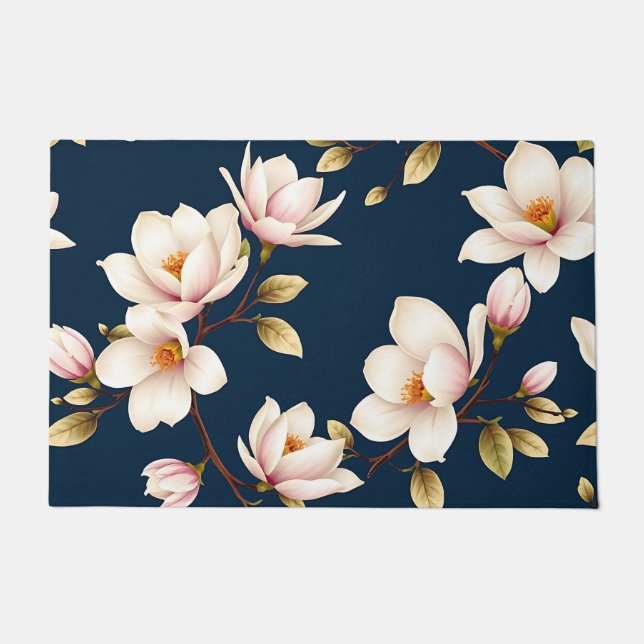 Navy Cream Magnolia Blossom Pattern Doormat (Front)