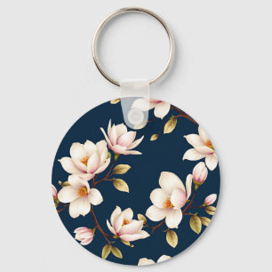Navy Cream Magnolia Blossom Pattern Key Ring