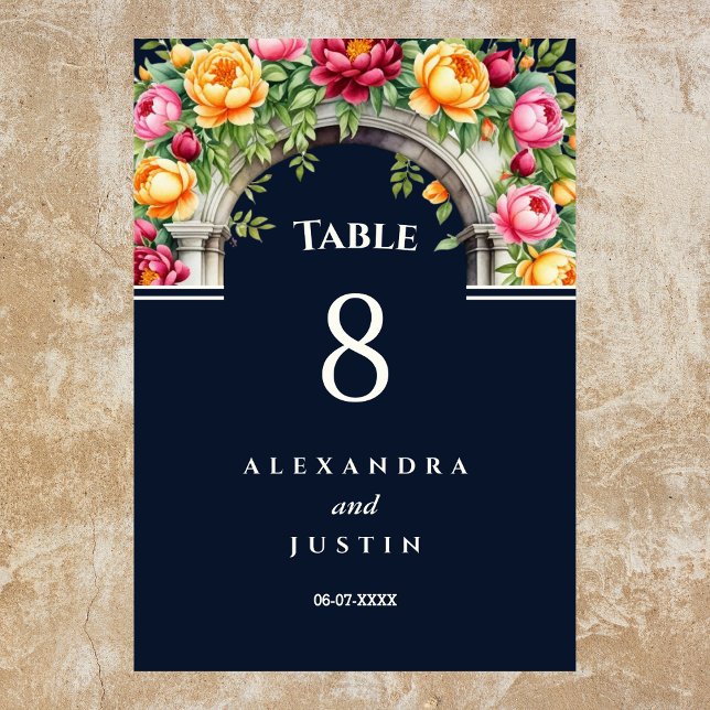 Navy Cream Mediterranean Floral Arch Wedding   Table Number (Creator Uploaded)