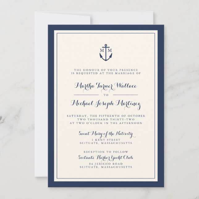 Navy & Cream Monogram Anchor Wedding Invitation (Front)