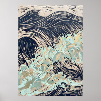 Navy Cream Ocean Wave Poster