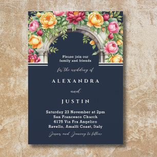 Navy Cream Peony Roses Floral Arch Wedding  Invitation